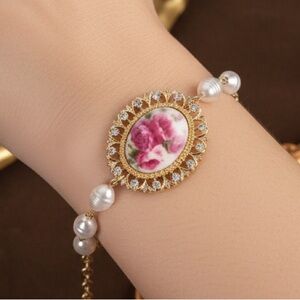 Vintage Court Style 14K Gold Plated Rose & Pearl Statement Bracelet